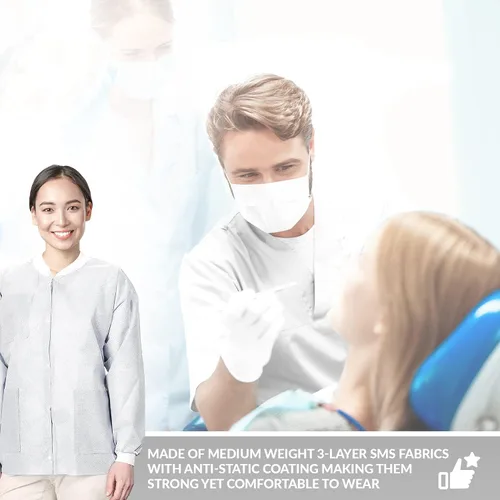 Miniatura 62 de Paquete de 10 chaquetas desechables de laboratorio, chaqueta médica reutilizable hasta la cadera, unisex, con puños de punto y bolsillos