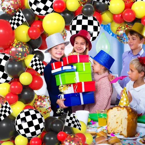 Miniatura 6 de Kit de guirnalda de globos de látex rojo, negro y amarillo, arco de globos de látex blanco y negro, bandera para baby shower, autos, camiones