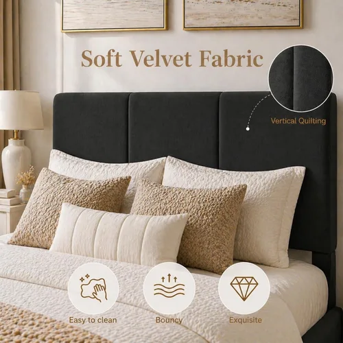 Miniatura 4 de Marco de cama tamaño Queen con cabecero – Marco de cama de plataforma resistente tapizado con canales verticales acolchados elegante con listones