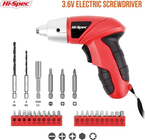 Miniatura 2 de Hi-Spec Juego de destornilladores eléctricos de potencia pequeña, color rojo, 27 piezas, 3.6 V, inalámbrico y recargable con juego de puntas