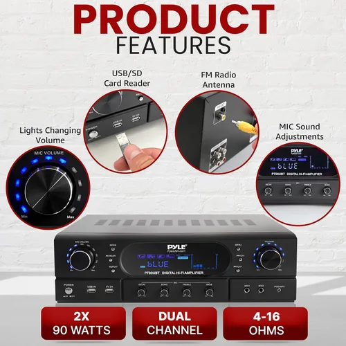 Miniatura 5 de Pyle Amplificador receptor de cine en casa Bluetooth – Amplificador de potencia máxima de 180 W con agudos, graves, control de eco, MP3/USB/FM