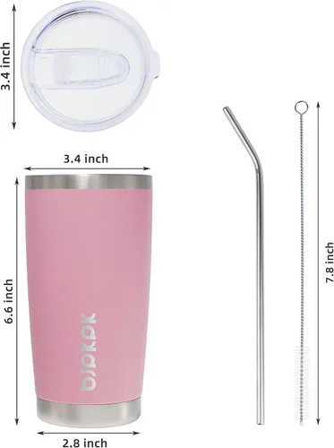 Miniatura 3 de BJPKPK - Taza/vaso de 20 onzas de acero inoxidable con aislamiento, taza de café con tapa y pajilla, color rosa claro
