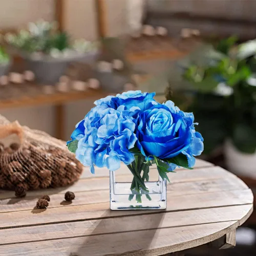 Miniatura 6 de ENOVA FLORAL Pequeñas flores falsas de seda azul con jarrón, arreglo floral artificial de rosas mixtas y hortensias en jarrón con agua sintética