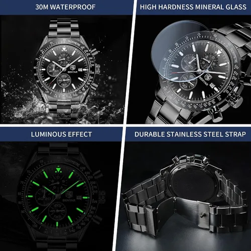 Miniatura 5 de BY BENYAR - Reloj para hombre, cronógrafo analógico de cuarzo, impermeable, luminoso, de diseñador, relojes de pulsera para hombre, para negocios