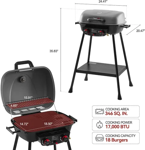 Miniatura 3 de Royal Gourmet GT2003 Parrilla portátil de gas propano de 2 quemadores con soporte y rejilla calefactora, combo de parrilla y plancha 2 en 1