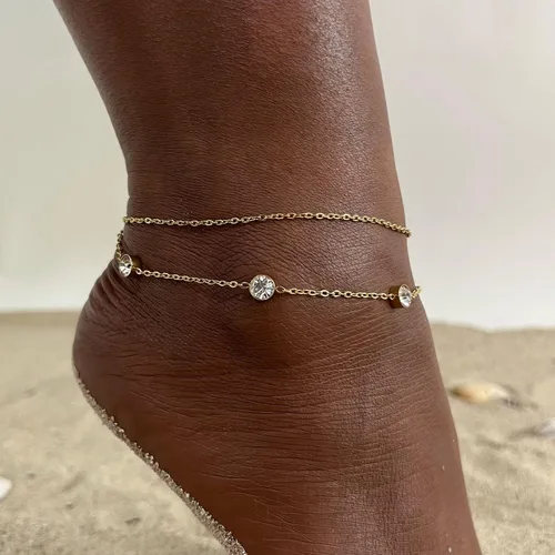 Miniatura 3 de MengPa Tobillera delicada para mujer, chapada en oro, doble capa, para verano, delicada cadena de pie de playa