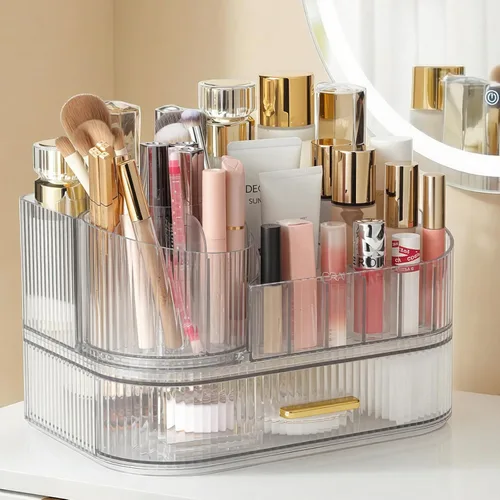 Miniatura 11 de Delamu Organizador de maquillaje para tocador con cajones apilables, soporte giratorio de 360º para brochas de maquillaje, vitrina grande