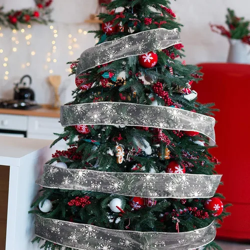 Miniatura 7 de Cinta con alambre de 2.5 pulgadas de Navidad con copo de nieve, cinta de organza con purpurina para árbol de Navidad, corona, decoración de fiesta