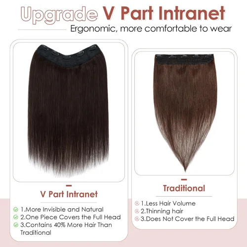 Miniatura 5 de Benehair Extensiones de cabello humano real de una pieza con clip, 3/4, cabeza completa, en forma de V, trama más gruesa, malla de encaje, Negro