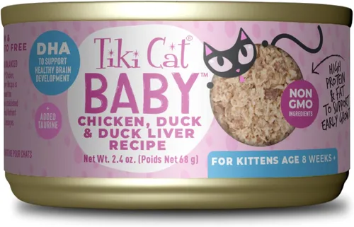 Tiki Cat Baby, mousse y trozos de pollo, pato e hígado de pato, alto en proteínas y sabroso, alimento húmedo para gatitos de 4 semanas en adelante,