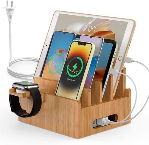 Miniatura 8 de Estación de carga para teléfono celular Pezin & Hulin, organizador de muelle de bambú para múltiples dispositivos, tabletas, reloj inteligente