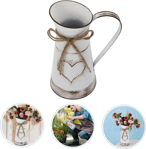 Miniatura 3 de BESTOYARD Florero francés vintage, jarrón de hierro, jarrón alto galvanizado, pequeño jarrón de estaño, maceta de mesa, maceta rústica con arreglo