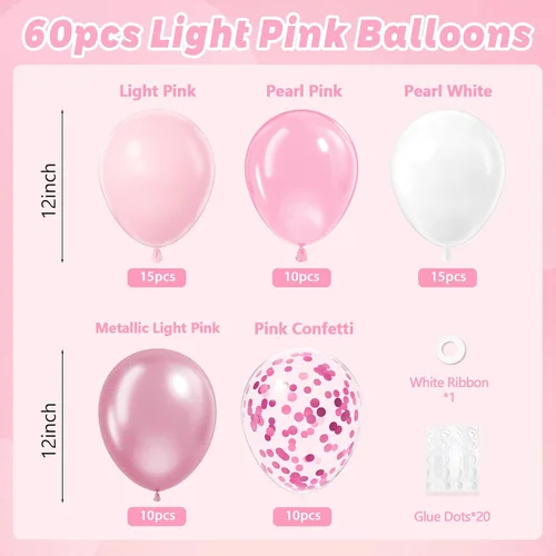Miniatura 2 de Globos de color rosa claro y blanco, 60 unidades de 12 pulgadas, globos de confeti de color rosa perla claro y blancos para boda, despedida