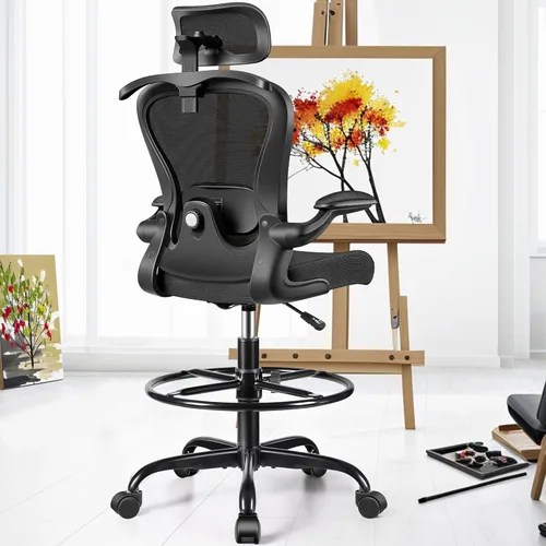 Miniatura 7 de Silla de Dibujo, Silla de Oficina Alta con Soporte Lumbar y para la Cabeza 3D, Silla Ergonómica de Malla para Escritorio de Pie con Reposapiés, Negro