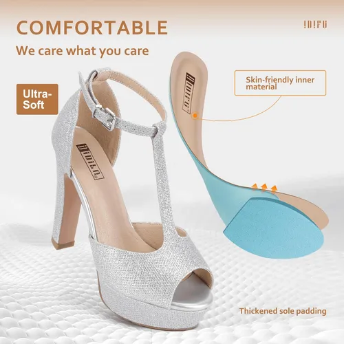 Miniatura 3 de IDIFU IN5 Polly - Sandalias de tacón alto grueso con correa en T para mujer, sandalias sexy con punta abierta, para boda, fiesta, graduación