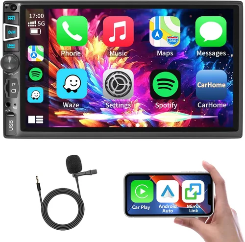 Estéreo de auto de doble DIN compatible con Carplay inalámbrico y Android Auto y Mirror Link, pantalla táctil HD 1024 x 600 de 7 pulgadas con