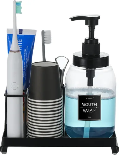 Miniatura 8 de Dispensador de enjuague bucal Summark para baño, botella de bomba de enjuague bucal con portavasos de acero inoxidable, recipiente de enjuague bucal