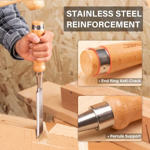 Miniatura 4 de HAUTMEC Juego de cinceles de madera largos para carpintería, cinceles de madera profesionales de 4 piezas con cuchillas de acero 60CR-V y asas