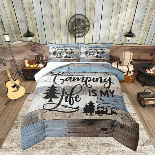 Miniatura 40 de Juego de edredón rústico de oso tamaño completo, juego de ropa de cama de caza de animales salvajes de 3 piezas, edredón de plumón vintage de cabaña