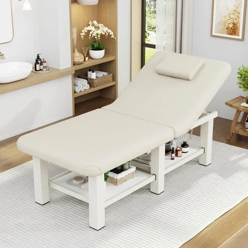 Miniatura 7 de Mesa de masaje estacionaria plegable con respaldo y espacio de almacenamiento, 6 patas cuadradas con marco de metal de piel sintética, 30.5 pulgadas