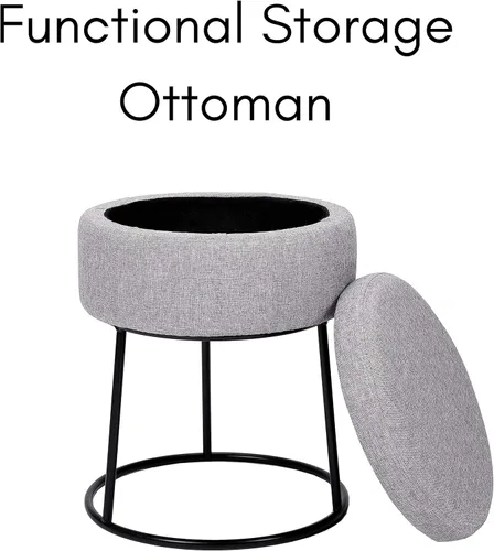 Miniatura 5 de BIRDROCK HOME Taburete otomano de almacenamiento de lino gris con base de patas de metal negro, reposapiés acolchado suave y compacto, reposapiés