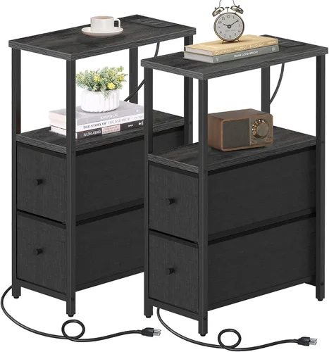 Miniatura 30 de TUTOTAK Mesa auxiliar pequeña y estrecha con LED y estación de carga, mesa lateral con tomas de corriente, mesita de noche con 2 cajones de tela