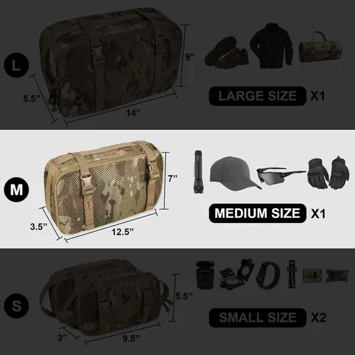Miniatura 10 de Juego de 4 cubos de embalaje tácticos, bolsa de almacenamiento de malla compresible, organizador portátil Edc Molle.