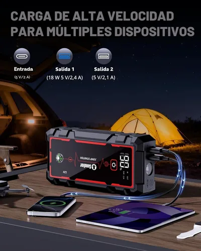 Miniatura 4 de Arrancador de batería de coche de 5000A, arrancador portátil con cable de puente, banco de energía de carga rápida, linterna de 3 modos, brújula