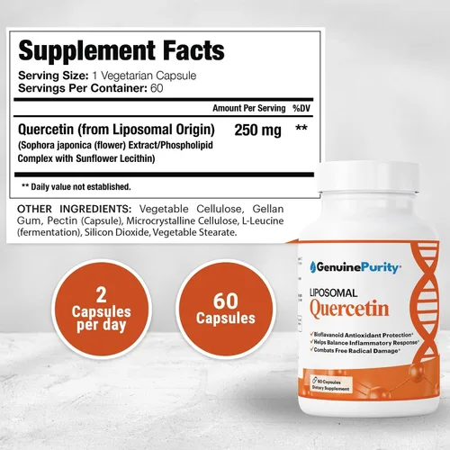 Miniatura 2 de Suplementos de quercetina liposomal de 250 mg por porción, apoya la defensa antioxidante, la salud celular y el sistema inmunológico, perfecto