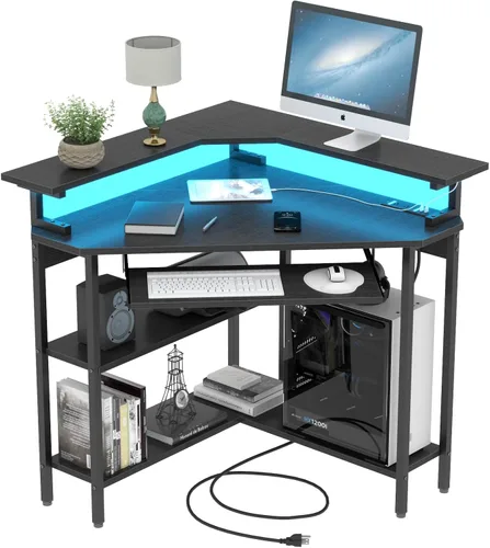 Miniatura 12 de Auromie Escritorio esquinero con tomas y puertos USB, mesa de esquina triangular de 90 grados con soporte para CPU y estantes de almacenamiento