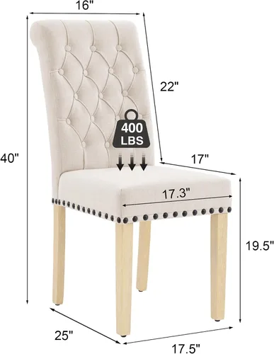 Miniatura 3 de adochr Juego de 2 sillas de comedor de tela de lino, silla de comedor tapizada con patas de madera, sillas Parsons sin brazos para Beige
