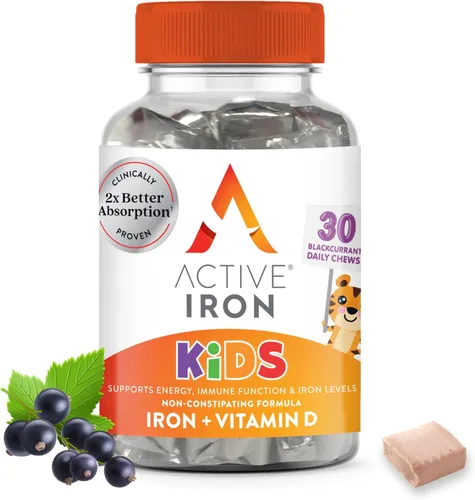 Suplemento de Hierro Activo 7mg + Vitamina D para Niños – Aumenta los Niveles de Hierro y Energía – Gomitas Suave, No Constipantes de Grosella Negra