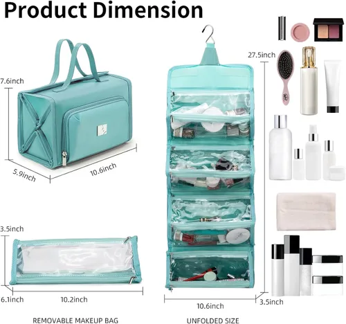 Miniatura 6 de ROYALFAIR Bolsa de maquillaje enrollable, bolsa de aseo impermeable para mujer, organizador de viaje colgante con compartimento organizador de Azul