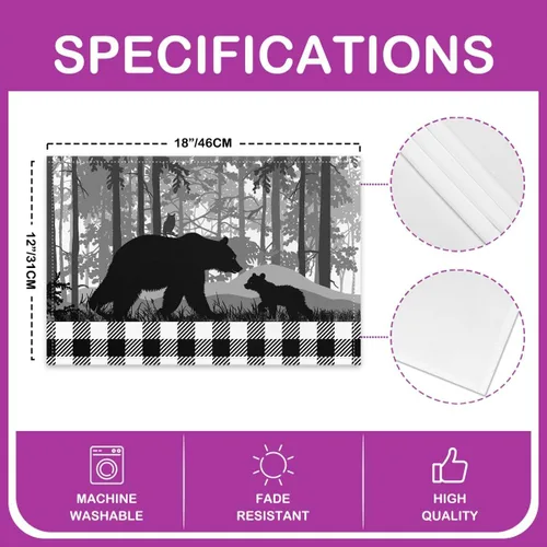 Miniatura 4 de Wild Animal - Juego de 4 manteles individuales elegantes para mesa de comedor, manteles individuales con silueta de oso negro, 12 x 18 pulgadas