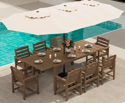 Miniatura 10 de SERWALL Juego de comedor para exteriores de 9 piezas, mesa de comedor expandible de 60 a 83 pulgadas y 8 sillas de polietileno de alta densidad