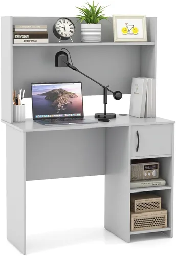 Giantex Escritorio para computadora con gabinete, escritorio de oficina en casa con armario de almacenamiento y estante ajustable, 2 agujeros para