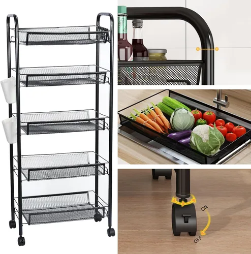 Miniatura 3 de Talent Star Cesta de almacenamiento de 5 niveles para frutas y verduras para cocina, cesta de almacenamiento apilable de malla metálica con ruedas