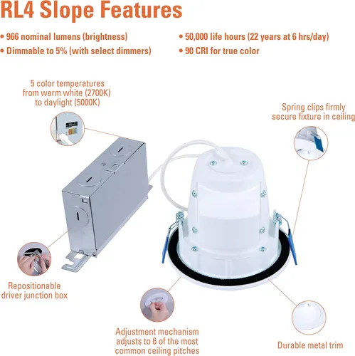 Miniatura 3 de HALO RLS - Lámpara LED empotrable ajustable de 4 pulgadas para techos inclinados con temperatura de color seleccionable 2700K-5000K, regulable, 900