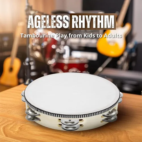 Miniatura 4 de Flexzion Pandereta redonda de madera para niños y adultos de 8" pulgadas, 8 pares de jingles de fila única, instrumento de percusión de mano de Una