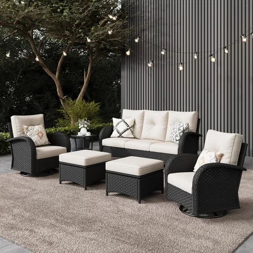 Miniatura 28 de LayinSun - Juego de 10 piezas de muebles seccionales de patio para el aire libre con mesa para fogata, juegos de sillas giratorias reclinables