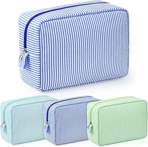 Miniatura 14 de Sanwuta 3 bolsas de maquillaje de sirsaca, bolsas de cosméticos de sirsaca a rayas para mujer, organizador de artículos de tocador de viaje grandes