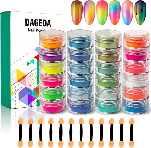 DAGEDA Polvo de polvo de uñas de pigmento de 24 colores, purpurina iridiscente ultrafina y luminosa nacarada de alto brillo, polvo de halo de alto