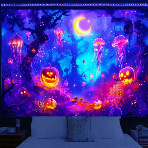 Miniatura 2 de BJYHIYH Tapiz extra grande de Halloween con luz negra para colgar en la pared, tapiz de bosque para dormitorio, sala de estar (90 x 70 pulgadas)