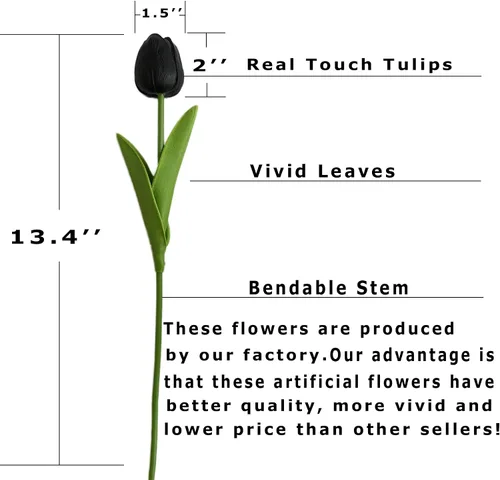 Miniatura 3 de UKELER 24 piezas de flores negras de tulipán, flores artificiales de poliuretano de tacto real para decoración del hogar, centros de mesa, arreglo