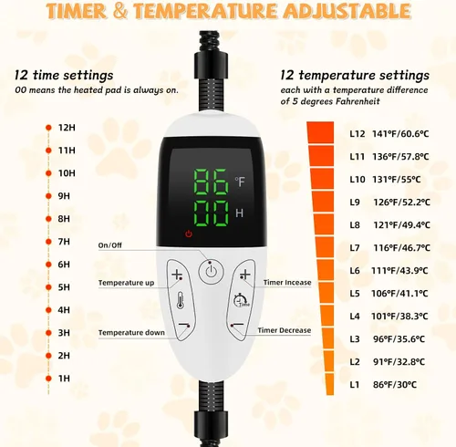 Miniatura 4 de Cama térmica para gatos y cachorros - Calentador eléctrico con calentador extraíble e impermeable, lavable, temporizador y temperatura ajustables