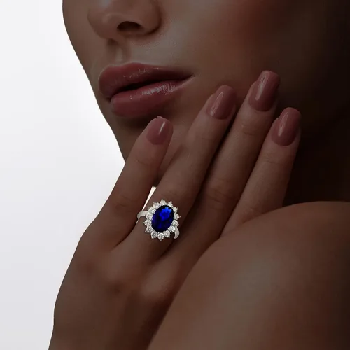 Miniatura 2 de Anillo de compromiso de plata de ley con zafiro azul ovalado y circonita cúbica transparente, diseño de princesa DianaKate Middleton Royal