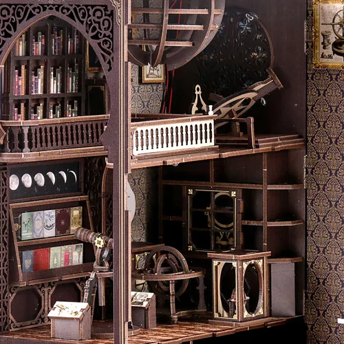 Miniatura 6 de Kit de rincón de libros de bricolaje 3D rompecabezas de madera para adultos, kit de casa en miniatura de librería, estantería de libro, decoración