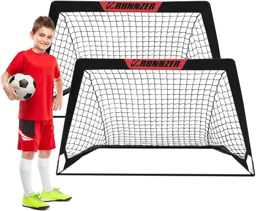 L RUNNZER Portería de fútbol para niños, red de fútbol desplegable para patio trasero, juego de 2 con funda de transporte portátil