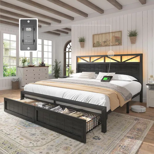 Miniatura 12 de EnHomee Marco de cama King de metal con 2 cajones de almacenamiento, cabecera de madera con iluminación LED y estación de carga, dormitorio, Negro