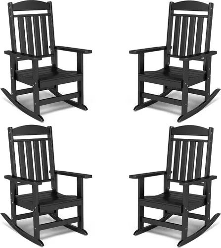 Miniatura 14 de FOOWIN Juego de sillas mecedoras de patio de 2 piezas, mecedora de porche con respaldo alto de HDPE, mecedora de porche de madera de polietileno